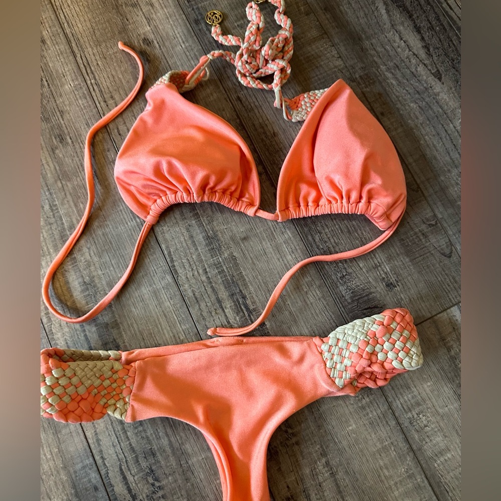 LULI FAMA sexy coral tan BIKINI worn twice Sz Med